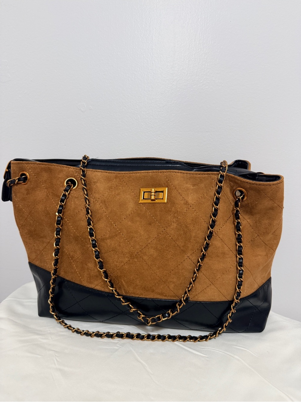 Suede Quilted Tote Bag in Brown and Black